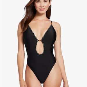 Shade & Shore Women's Plunge Bead Detail Extra High Leg One Piece Swimsuit